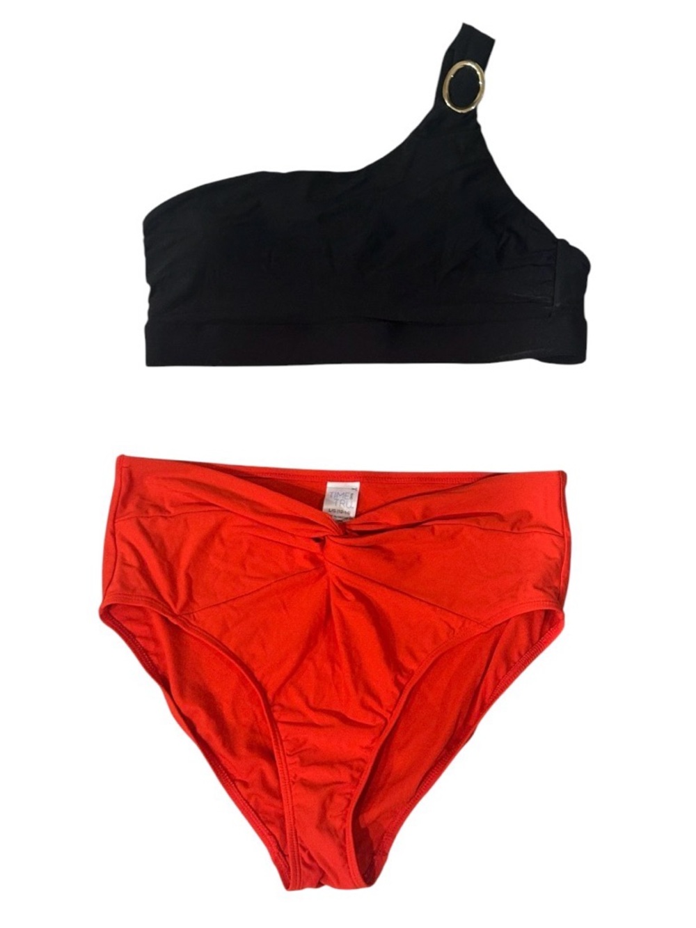 Time and Tru One-Shoulder Black Bikini Top with Red High-Waist Bottom